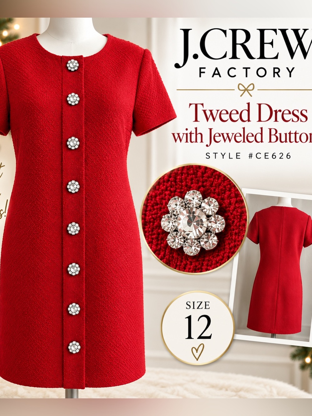 J.Crew Holiday Red Bouclé/Tweed-Texture Dress Crystal Jeweled floral buttons